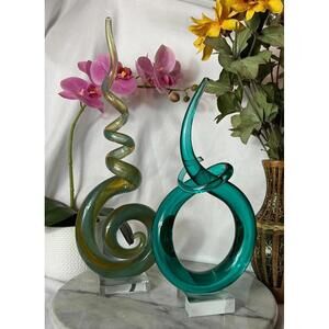Swirl Glass Sculptures Art Glass Hand Blown Bubble Glass Abstract Blues Greens